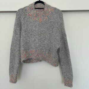 Free People Heather Gray Cropped Fuzzy Sweater with Multicolor Trim